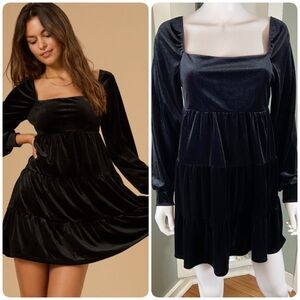 New NWT Altard State Melody Black Stretch Velvet Long Sleeve Babydoll Mini Dress